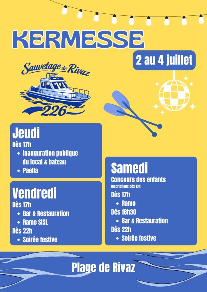 Affiche de la Kermesse du Sauvetage de Rivaz, du 2 au 4 juillet, Plage de Rivaz